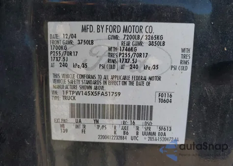 2005 Ford F-150 Fx4/Lariat/Xlt z USA, uszkodzony, nr VIN 1FTPW145X5FA51759